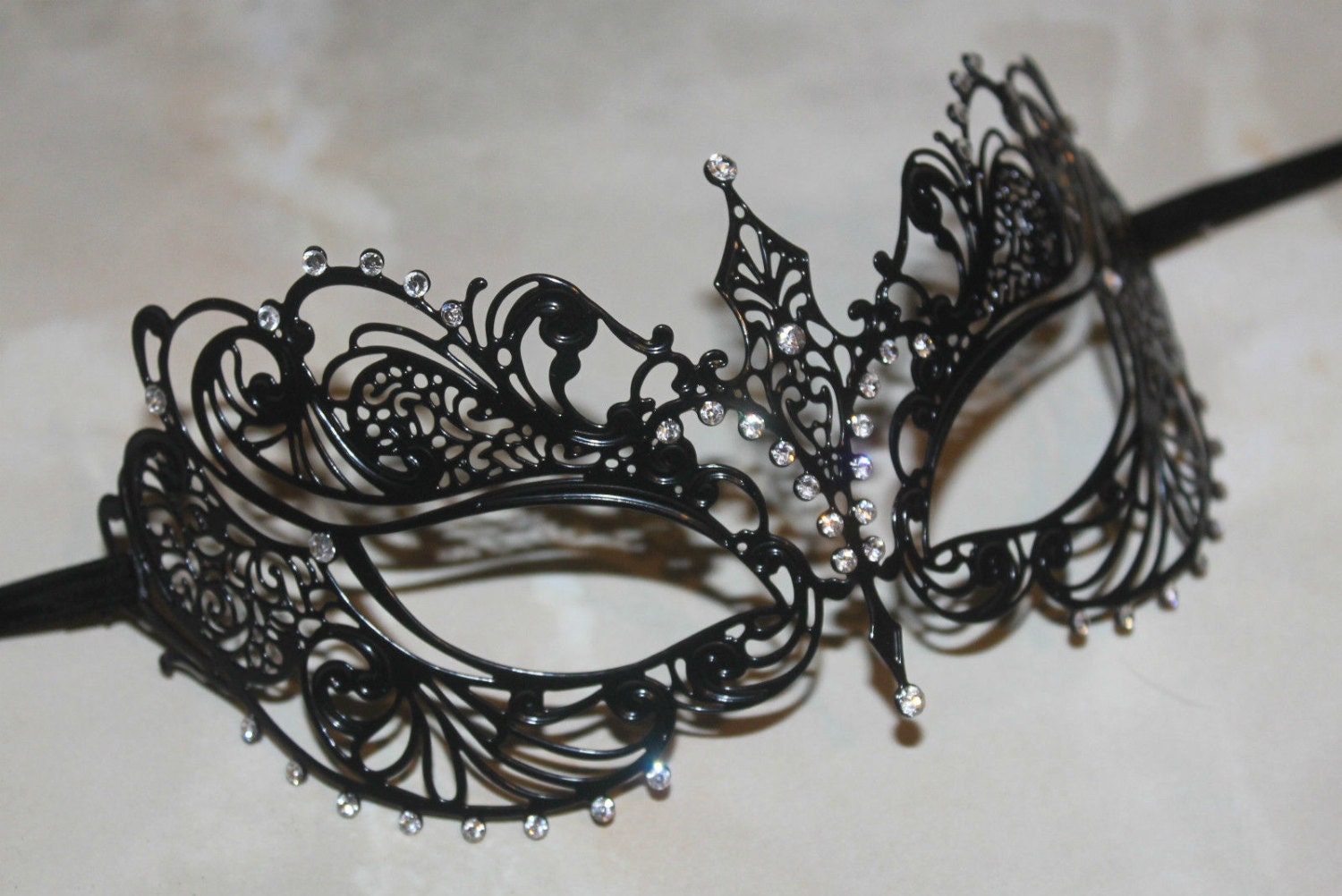 Beautiful Black Metal Masquerade Mask with Diamonte Crystal