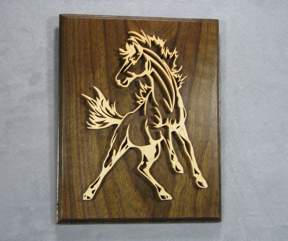 Wild Mustang art 2 layer wood scroll saw horse plaque wall
