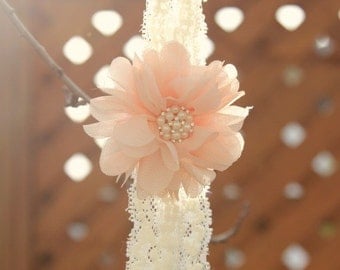 Peach Flower And Ivory Lace Headband