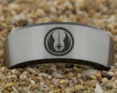 7mm Black Beveled Satin Finish Tungsten Carbide Band Star Wars Jedi Design Ring-Free Inside Engraving And Free US Shipping