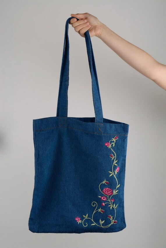 Jeans bag with machine embroidered flowers by StylishAccessoriez