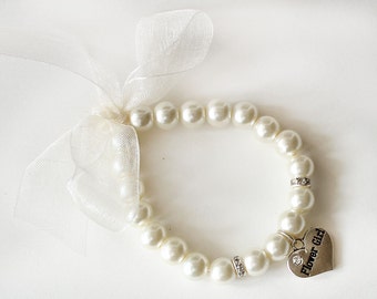 Flower girl pearl bracelet flower girl gift ivory organza ribbon rhinestone crystal heart charm jewelry wedding gift children bracelet