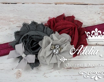 Burgundy Baby Headband, Grey Baby Headband, Flower Baby Headband, Infant Newborn, Chiffon Shabby Flower Headband, Newborn Baby Headband