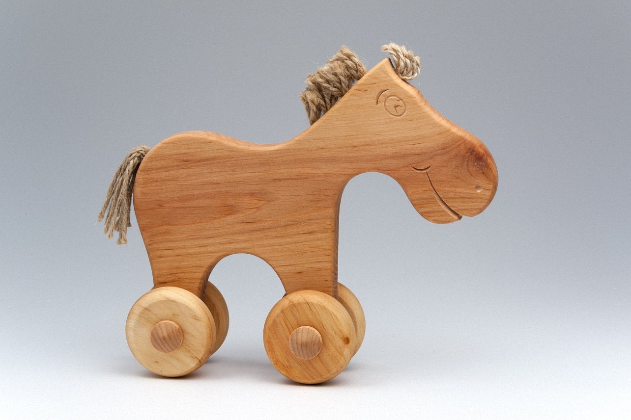 Wooden Horse On Wheels Carved Eco Toy Wood Horse Rolling