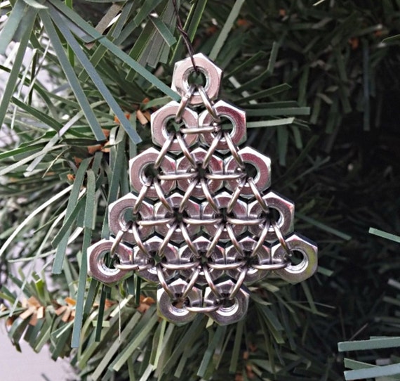 Hex nut Christmas ornament, silver Christmas tree, chainmaille ornament, metal Christmas ornament, holiday decoration, unique guy gifts
