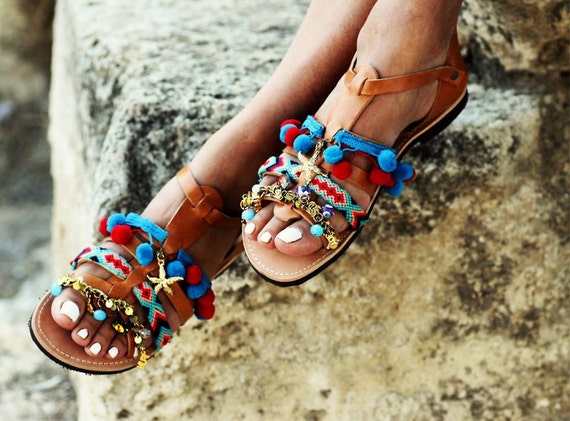 Spartan Greek Leather sandals with pom pom, semi-precious stones and ...