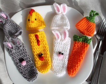 Hand knitted Easter cutlery holder with egg caps , set of 4 different pattern...