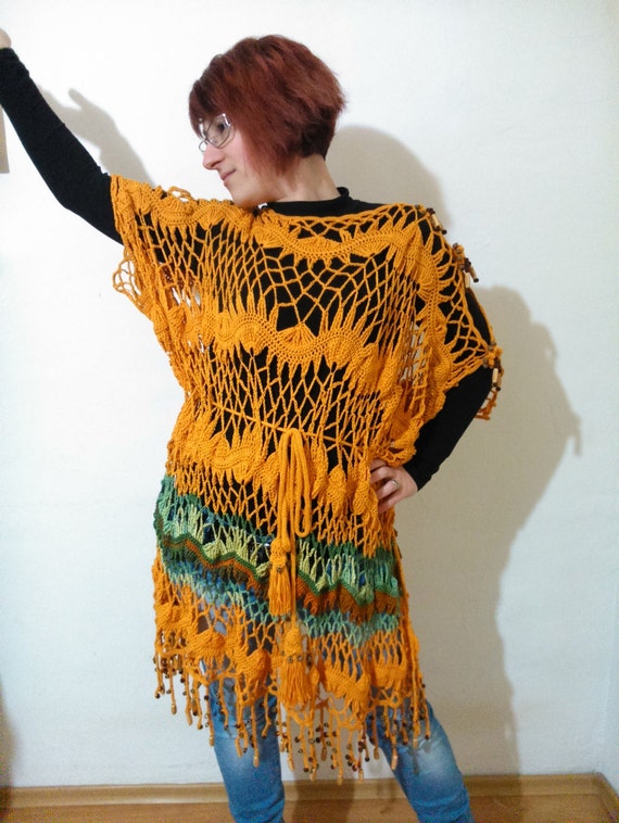 Items similar to Women summer poncho dress, decorated with beads in ...