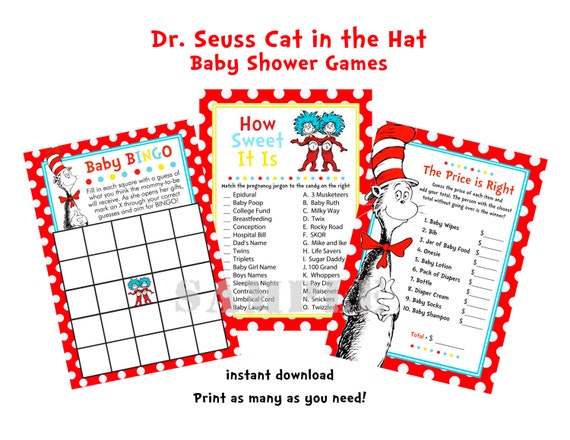 Dr. Seuss Cat in the Hat Baby Shower Games, How Sweet It Is, The Price is Right, Baby BINGO 