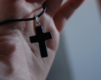 Black onyx cross pendant on black choker with lobster clasp and extender made to size