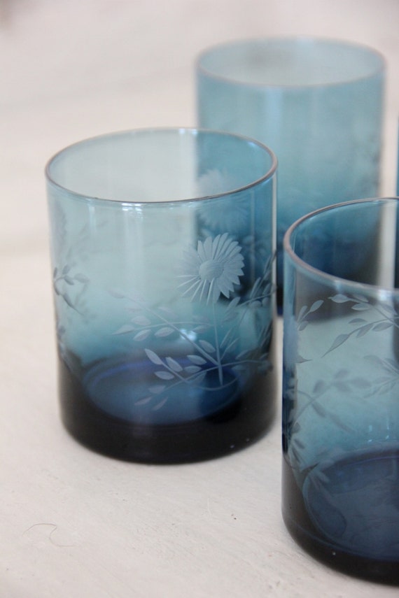 Etched Blue Glass Votive Candle Holders Set of 5 by Henhurst