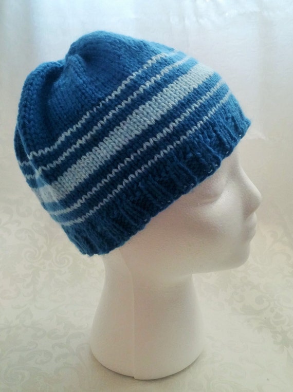 Items similar to READY TO SHIP.. Hand Knitted Blue Striped Beanie on Etsy