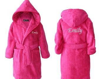 Personalised Girls Dressing Gowns, Teens Bathrobes, Personalised Bathrobe for Girl, Youths Towelling Bath Robe, Hot Pink, 2-15 years