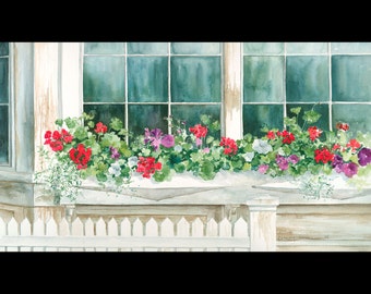 Geranium painting with window box, watercolor painting, giclee print 9 x 16