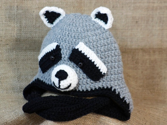 Crochet Baby-Child Raccoon Hat Earflap Hat Zoo by BadHatCat
