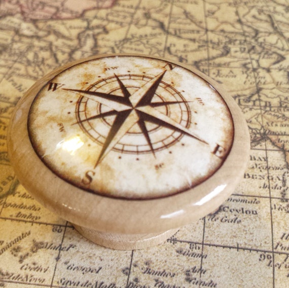 Nautical Birch Wood Knob Drawer Pulls Antique Style Compass