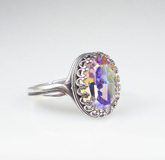 Crystal Aurora Borealis Rhinestone Ring Vintage Inspired