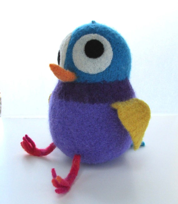 Parrot Snooter-doot – whimsical soft-sculpture, folk-art stuffie, cute collectible, handknit-felted wool softie, joyful creature, great gift