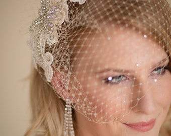 Champagne Birdcage Veil with Lace and Rhinestone Fascinator Made to Order Champagne Ivory or White