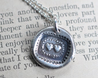 two hearts wax seal necklace pendant ... inseparable hearts - sterling silver antique wax seal jewelry