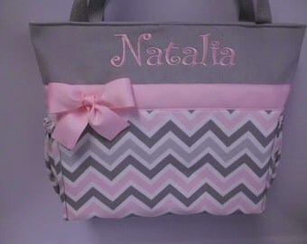 CHEVRON in Zoom Zoom ... Pink Gray .. .. Tote ... Diaper Bag ... Monogrammed FReE