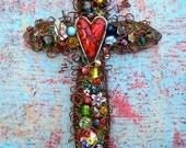 Rustic Rusty Cracked Red Heart Wall Cross - Baptism Gift Cross - Confirmation Gift Cross - Girl Cross - Teacher Gift - Godmother Gift / 8"