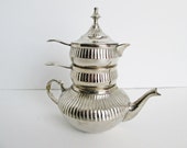 Ribbed Silverplate or Chrome Plated Stacked Teapot Set, Creamer and Lidded Sugar Vintage from India unique Raj Tea Pot