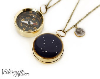 Stars and Moon Working Compass and Locket Necklace - Tiny Moon Locket and Personalized Constellation Compass, Custom Zodiac Gift