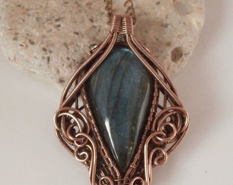Wire Wrap Pendant Necklace, Labradorite, Antiqued Copper Wire Jewelry ...