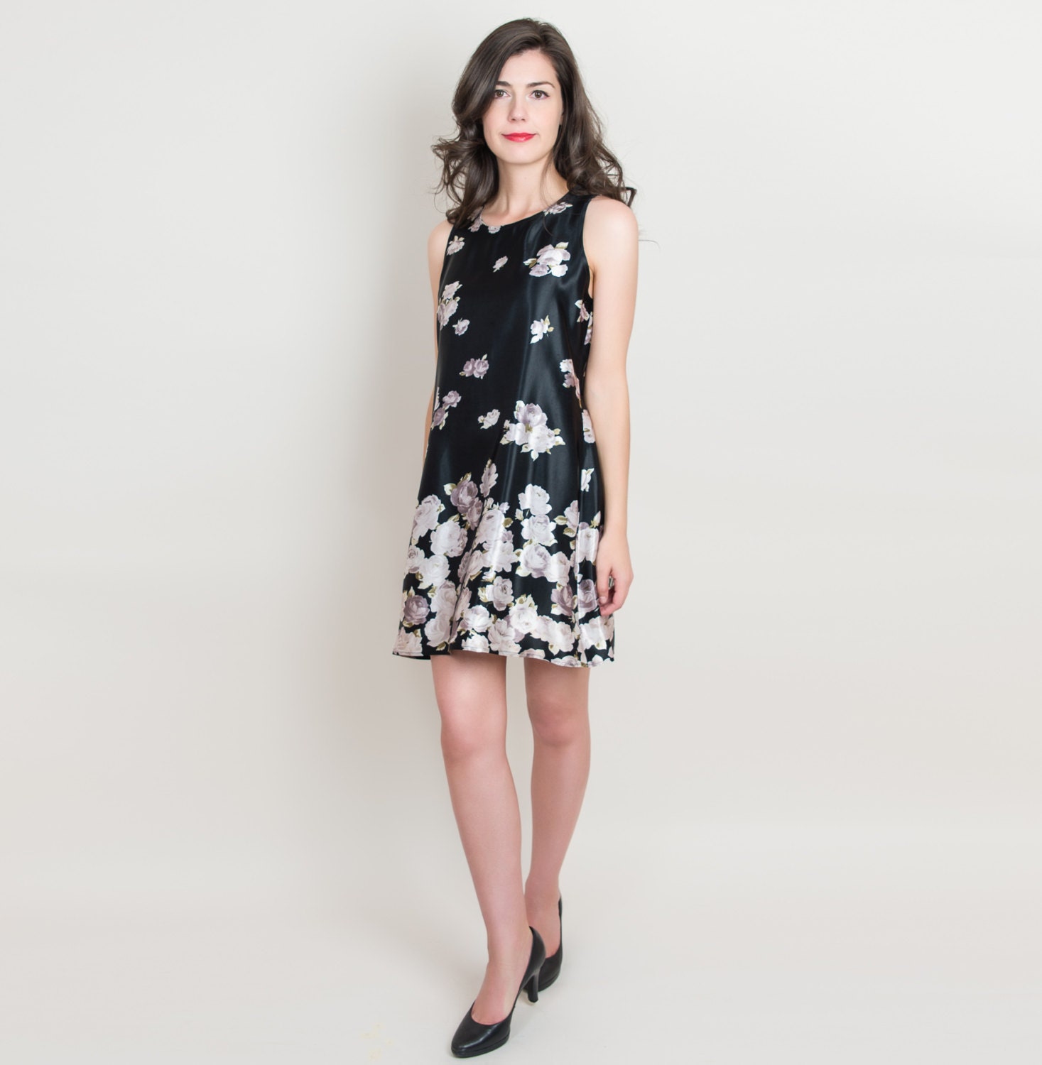 90s Slip Dress 1990s Floral Satin Mini Dress Black with