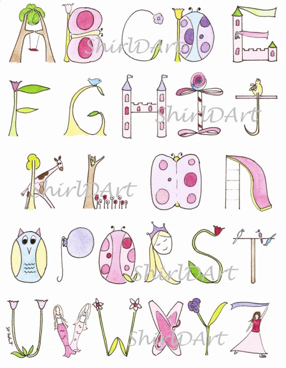 Girl Alphabet 8x10 Print of Original Watercolor by ShirlDArt