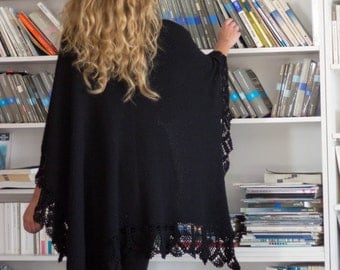 Knit poncho / Merino wool / Black color / Wrap / S M sizes / Made to order