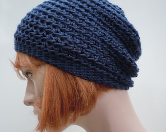 Slouch Hat -Dark Blue Gray Slouchy- Beanie - Crocheted Hat