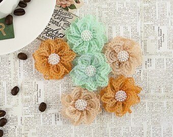 NEW: Prima Coffee Break "Chai Tea" 578527 (Brown Peach Mint) Lace Fabric Flowers. Scrapbooking, Wedding, Hair Accessories.