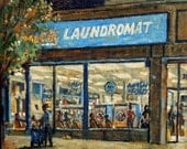 Oil Painting Nocturne, Clean City Laundromat, Yonkers. Oil on Canvas, 12x12 Urban Impressionist Night Scene, Signed Original Fine Art Oil Painting Nocturne, Clean City Laundromat, Yonkers. Oil on Canvas, 12x12 Urban Impressionist Night Scene, Signed Original Fine Art