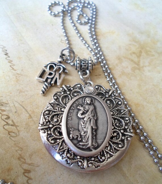 L.P.N. Locket Necklace, St. Agatha Patron Saint of Nurses, Beautiful Filigree Setting, LPN