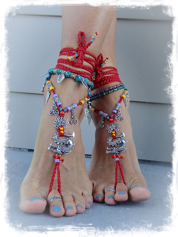 Fierce DRAGON BAREFOOT sandals RED Anklets crochet Gypsy by GPyoga