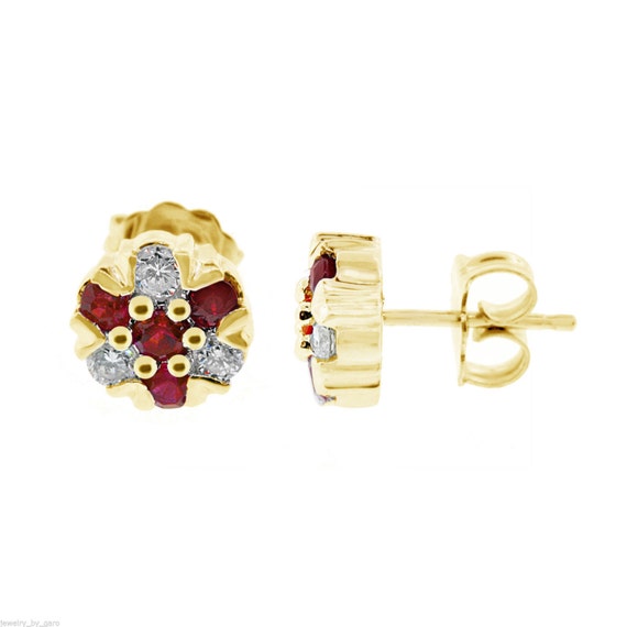 Ruby Earrings : 0.80 Carat Ruby & Diamond Cluster Flower Stud Earrings ...