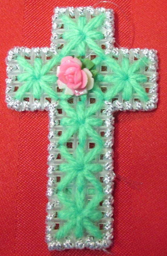 Items similar to Plastic Canvas Cross in green & silver with Small Rose ...