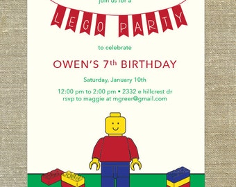 Lego Birthday Party Invitations set of 20 with matching envelopes & return address printing; customizable for girls and boys