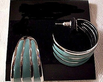 Blue Green Hoops Pierced Post Stud Earrings Silver Tone Vintage Extra Wide Soho Design Turquoise Enamel Smooth Stripes
