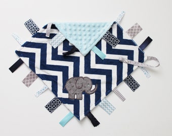 Personalized DOUBLE MINKY Ribbon Tag Blanket with Elephant and Pacifier Clip, Large 16 x 16