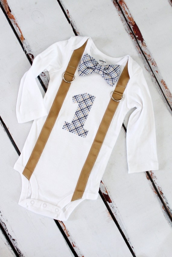 Baby Boy 1st Birthday Bow Tie, One Applique, and Suspenders One Piece Bodysuit. Baby's 1st Birthday Outfit. Blue Seersucker, Brown Plaid by ChicCoutureBoutique