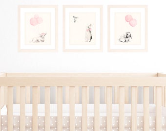 Baby Girl Nursery Decor, Set of 3 8x10 / A4 Art Prints, Light Pink Shabby Chic Decor Wall art, Animal Watercolour Illustrations