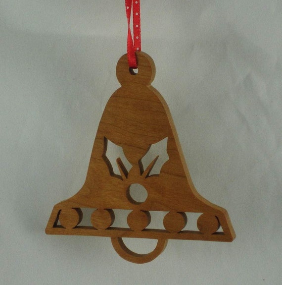 Holly Bell Shaped Christmas Ornament Handmade From Cherry Wood