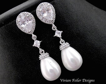 Wedding Earrings PEARL TEAR DROP Bridal Pearl Earrings Cubic Zirconia Wedding Jewelry Bridesmaid Gift Prom