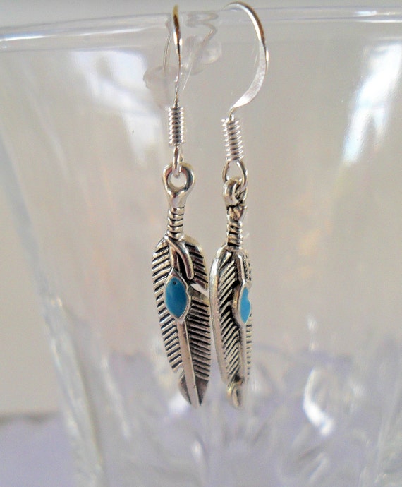 Silver Feather and Turquoise Earrings