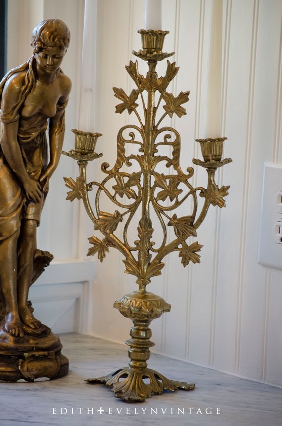 Vintage Altar Candelabra Three Arm Tripod Base Brass