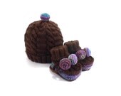 Knitted Baby Hat and Booties - Dark Brown, 3 - 9 month