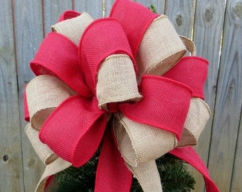 Burlap Tree Topper - Christmas Tree Topper - Burlap Tree - Primitive Country Tree Top Bow in Red and Natural Burlap